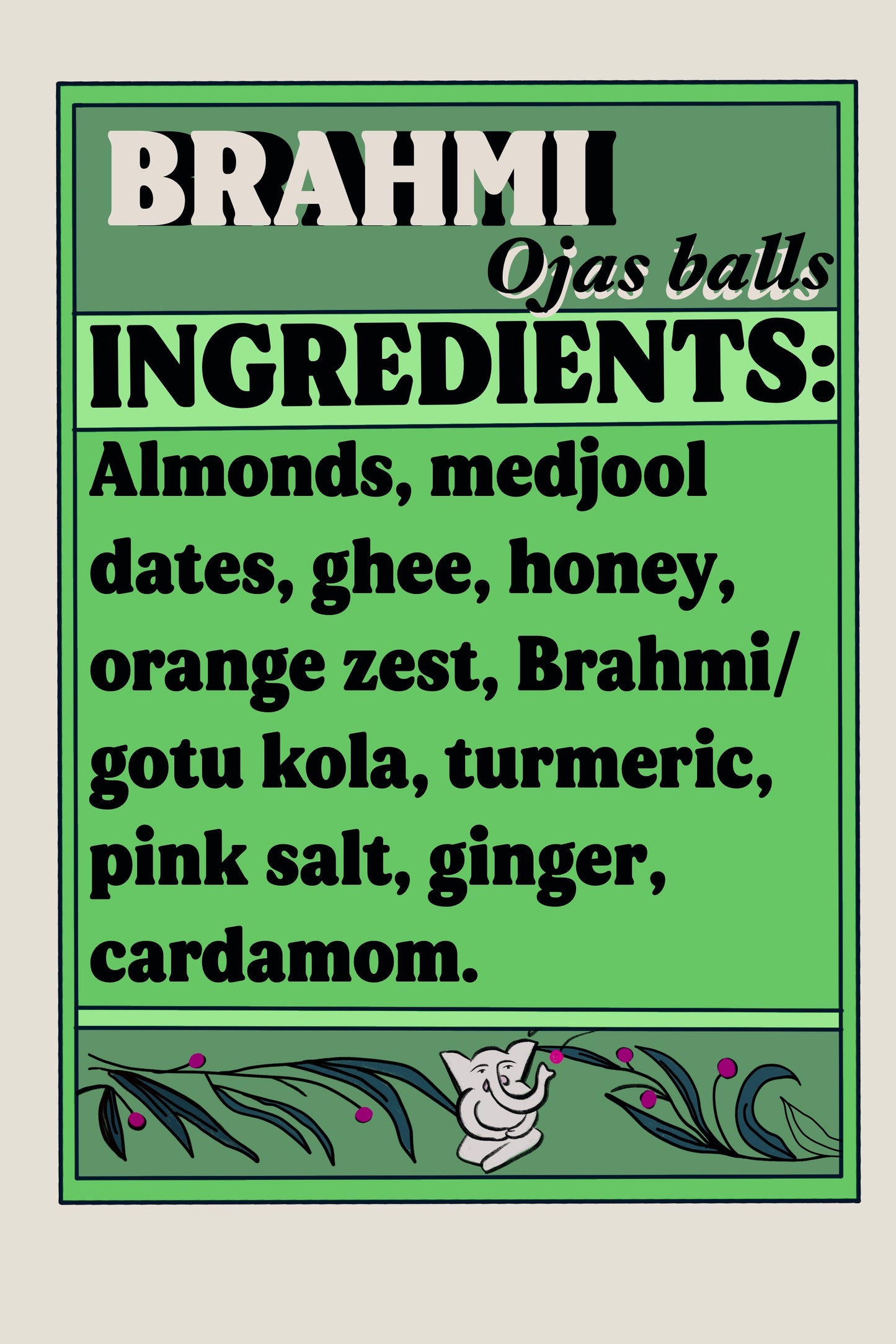 Brahmi Laddoos ingredients: almonds, medjool dates, ghee, honey, orange zest, Brahmi/gotu kola, turmeric, pink salt, ginger, cardamom.